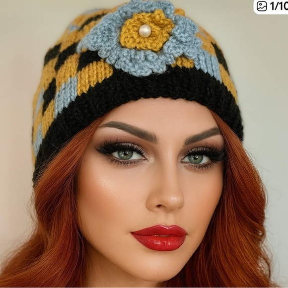 Hand Knits 2 Love Beanie Hat Cap Plaid Flower Hip main image 9